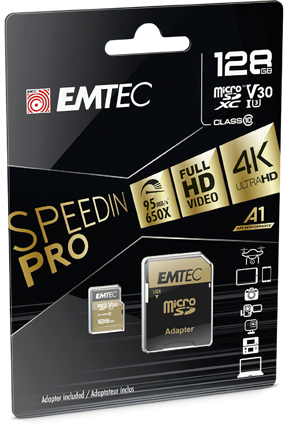 Memorijska kartica microSDXC Emtec Speedin Pro Android A1, 128Gb, Klasa 10 / UHS-1 U3, S adapterom ECMSDM128GXE