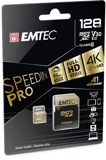 Memorijska kartica microSDXC Emtec Speedin Pro Android A1, 128Gb, Klasa 10 / UHS-1 U3, S adapterom ECMSDM128GXE