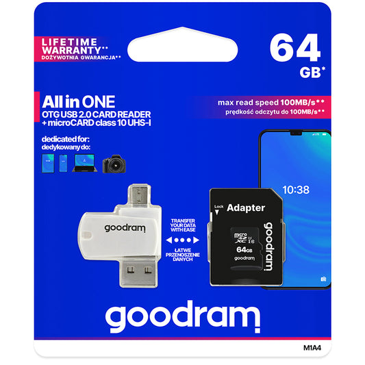 microSDXC memorijska kartica GoodRam, 64Gb, Klasa 10 / UHS-1 U1, S čitačem kartica i adapterom M1A4-0640R12