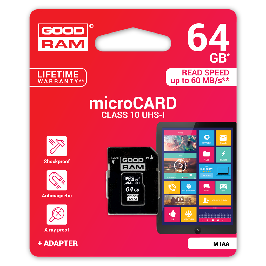 microSDXC memorijska kartica GoodRam, 64Gb, Klasa 10 / UHS-1 U1, S adapterom M1AA-0640R12