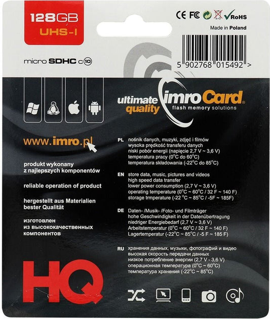Memorijska kartica microSDXC Imro, 128Gb, Klasa 10 / UHS-1 U1, S adapterom