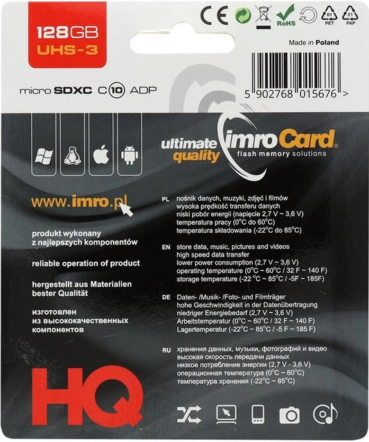 Memorijska kartica microSDXC Imro, 128Gb, Klasa 10 / UHS-1 U3, S adapterom