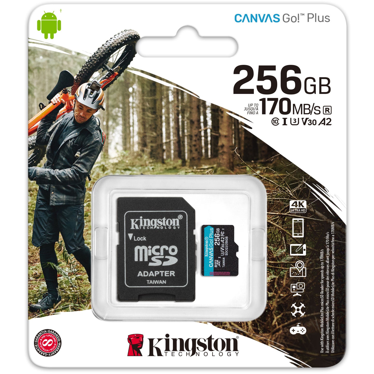 Memorijska kartica microSDXC Kingston Canvas Go Plus, 256Gb, Klasa 10 / UHS-1 U3, s adapterom SDCG3/256GB