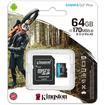 Memorijska kartica microSDXC Kingston Canvas Go Plus, 64Gb, Klasa 10 / UHS-1 U3, s adapterom SDCG3/64GB