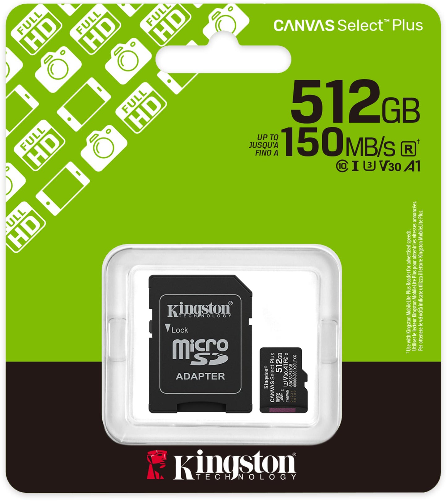 Memorijska kartica microSDXC Kingston Canvas Select Plus Android A1, 512Gb, Klasa 10 / UHS-1 U3, S adapterom SDCS3/512GB
