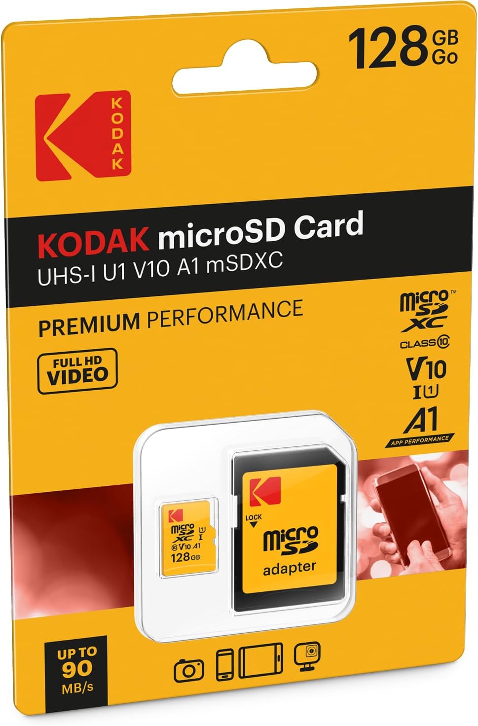 Memorijska kartica microSDXC Kodak Premium Performance, 128Gb, Klasa 10 / UHS-1 U1, S adapterom EKMSDM128GXC10K