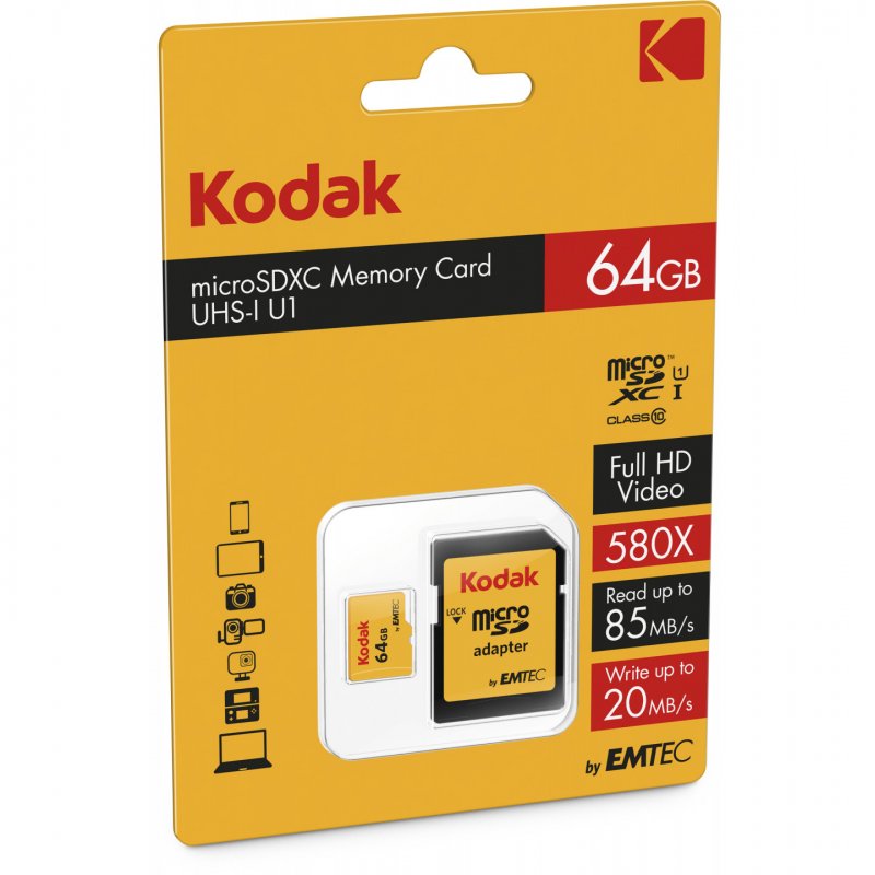 Memorijska kartica microSDXC Kodak, 64Gb, Klasa 10 / UHS-1 U1, S adapterom EKMSDM64GXC10K