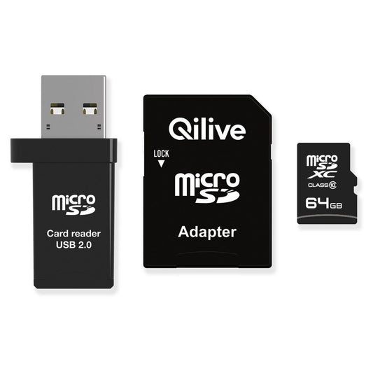 Memorijska kartica microSDXC Qilive, 64Gb, Klasa 10, s čitačem kartica i adapterom EKMSDM64GXC10QL