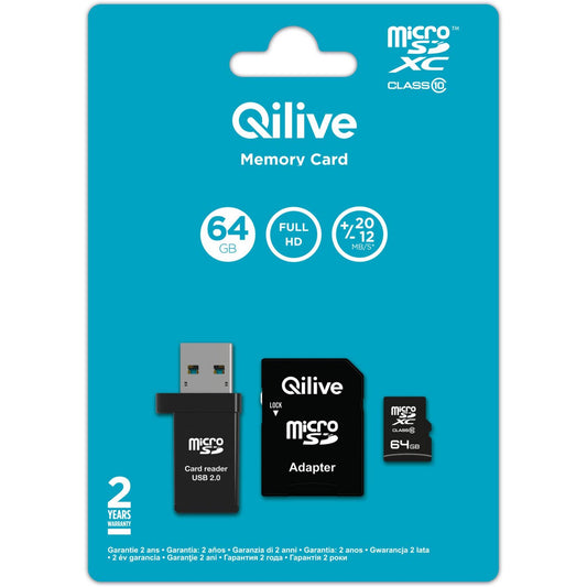 Memorijska kartica microSDXC Qilive, 64Gb, Klasa 10, s čitačem kartica i adapterom EKMSDM64GXC10QL