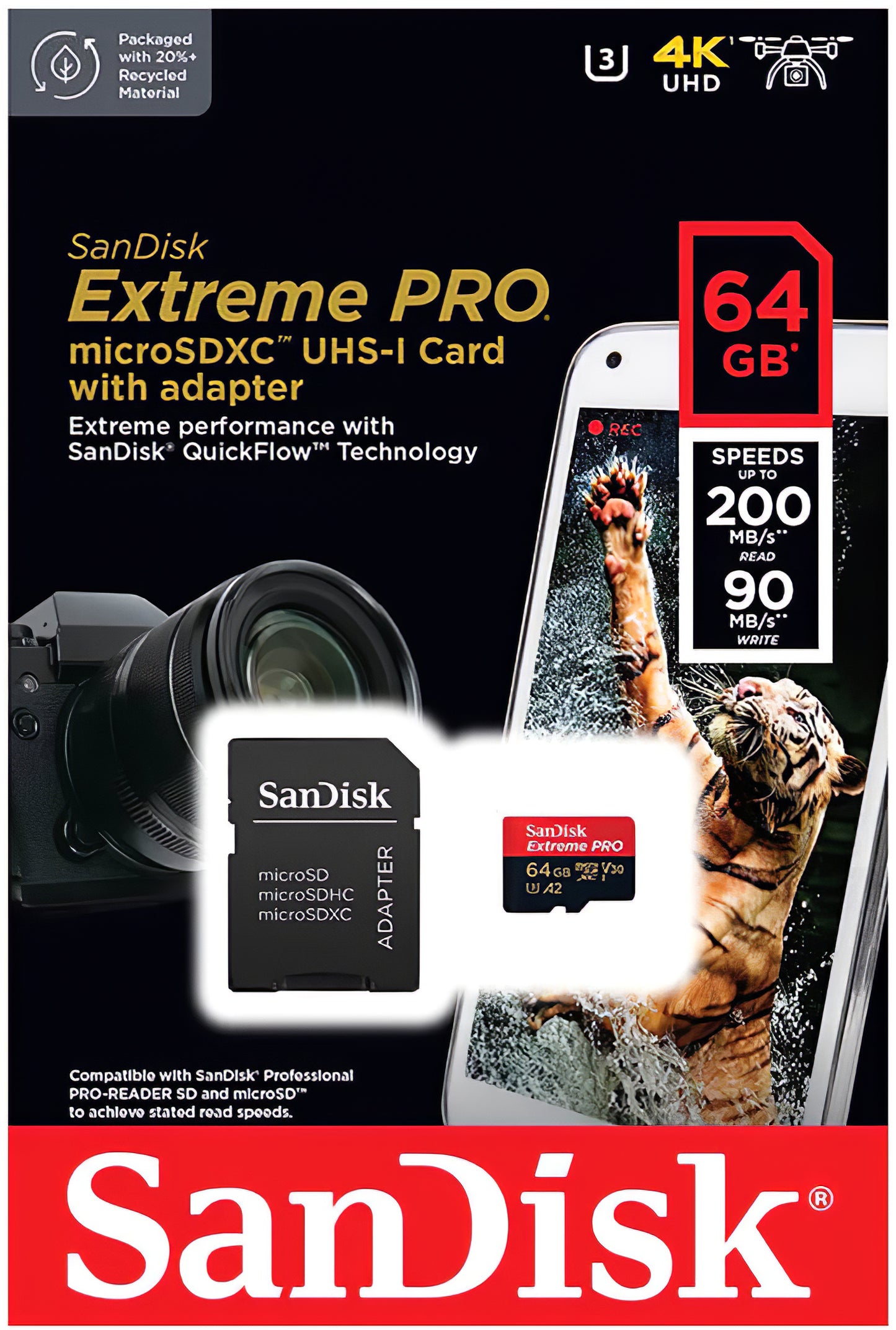 Memorijska kartica microSDXC SanDisk Extreme Pro, 64Gb, Klasa 10 / UHS-1 U3, S adapterom SDSQXCU-064G-GN6MA