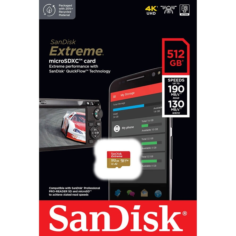 Memorijska kartica microSDXC SanDisk Extreme, 512Gb, Klasa 10 / UHS-1 U3 SDSQXAV-512G-GN6MN