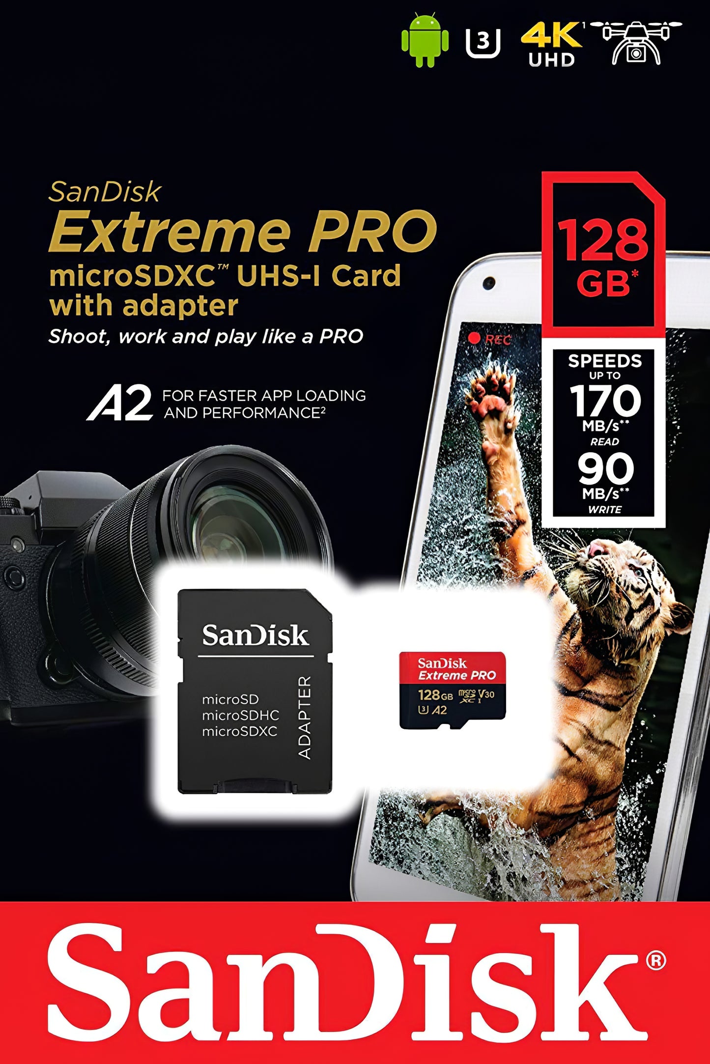 Memorijska kartica microSDXC SanDisk Extreme Pro, 128Gb, Klasa 10 / UHS-1 U3, S adapterom SDSQXCD-128G-GN6MA