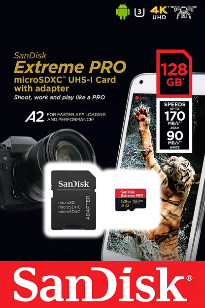 Memorijska kartica microSDXC SanDisk Extreme Pro, 128Gb, Klasa 10 / UHS-1 U3, S adapterom SDSQXCD-128G-GN6MA