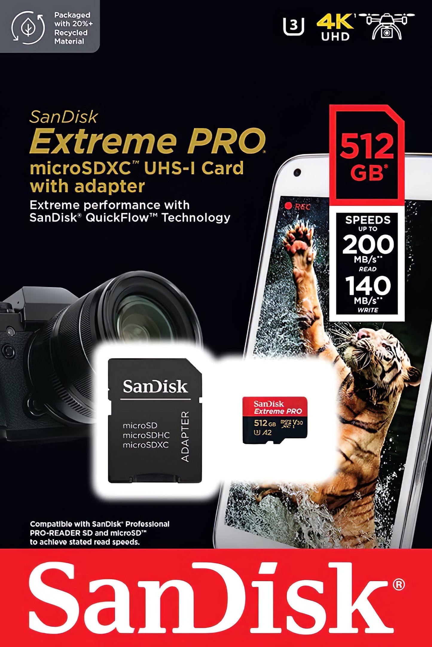 Memorijska kartica microSDXC SanDisk Extreme Pro, 512Gb, Klasa 10 / UHS-1 U3, S adapterom SDSQXCD-512G-GN6MA