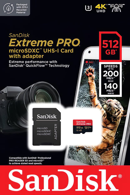Memorijska kartica microSDXC SanDisk Extreme Pro, 512Gb, Klasa 10 / UHS-1 U3, S adapterom SDSQXCD-512G-GN6MA