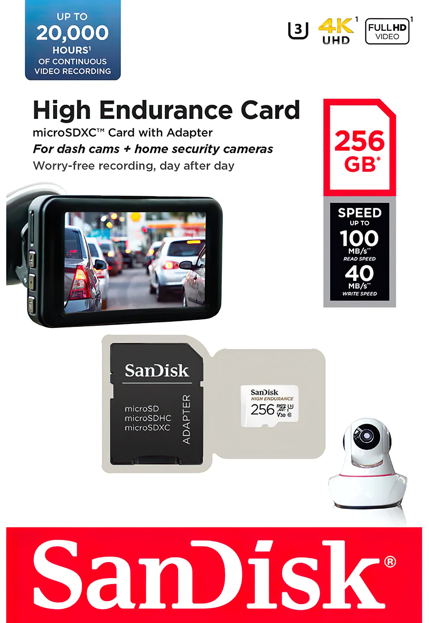 Memorijska kartica microSDXC SanDisk High Endurance, 256Gb, Klasa 10 / UHS-1 U3, S adapterom SDSQQNR-256G-GN6IA