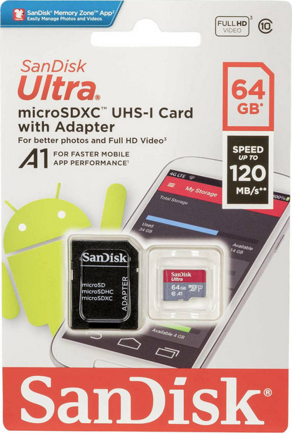 Memorijska kartica microSDXC SanDisk Ultra Android A1, 64Gb, Klasa 10 / UHS-1 U1, S adapterom SDSQUAB-064G-GN6MA