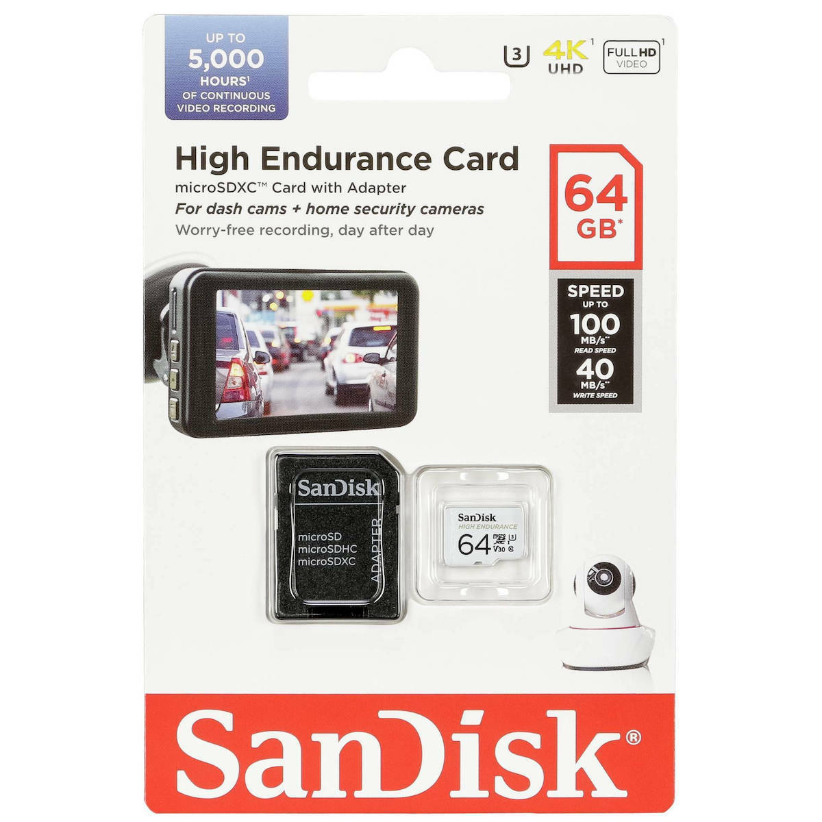 Memorijska kartica microSDXC SanDisk High Endurance, 64Gb, Klasa 10 / UHS-1 U3, S adapterom SDSQQNR-064G-GN6IA