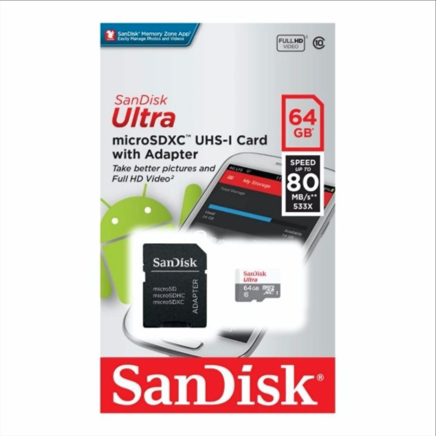 Memorijska kartica microSDXC SanDisk Ultra, 64Gb, Klasa 10, S adapterom SDSQUNR-064G-GN3MA