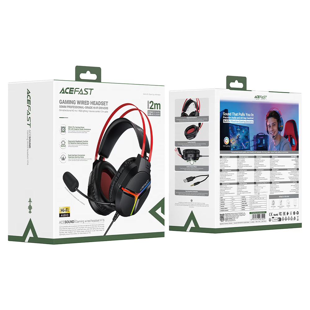 Gaming slušalice 3,5mm Acefast H16, RGB, 2m, Crne