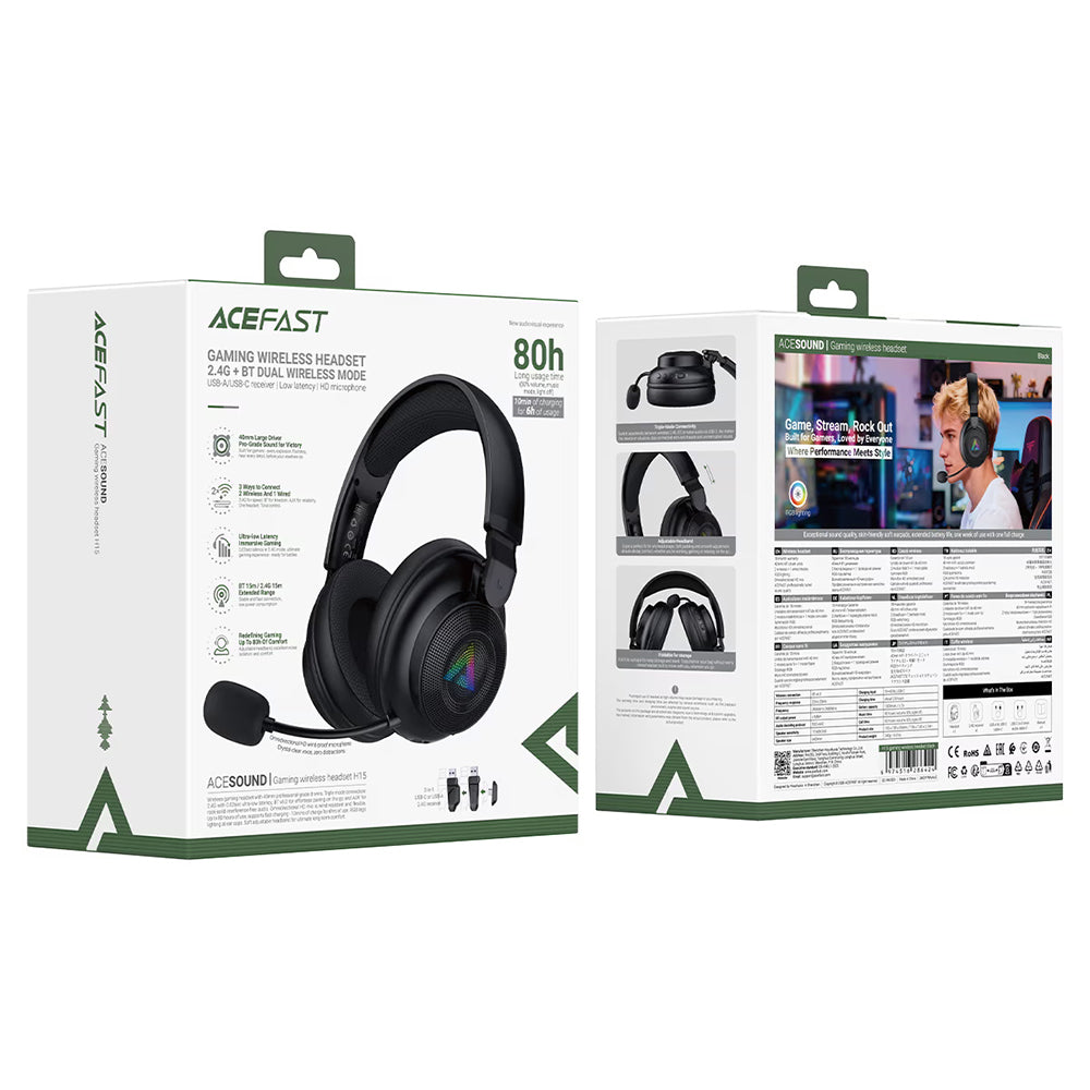 Bežične gaming slušalice Acefast H15, RGB, BT / Wi-Fi / Žičane, Crne