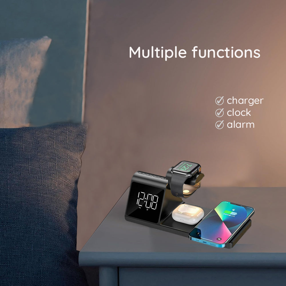 Digitalni sat HAVIT W3042 4u1 s bežičnim punjenjem QI, Crni