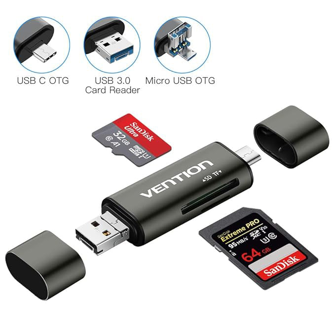 USB / USB-C / microUSB čitač kartica Vention, SD - microSD, Siva CCJH0