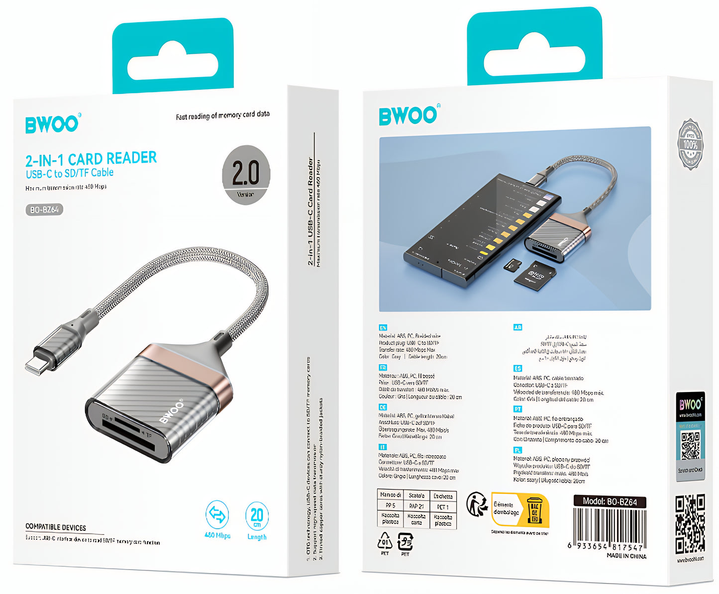 USB-C čitač kartica BWOO BZ64, SD - microSD, Siva