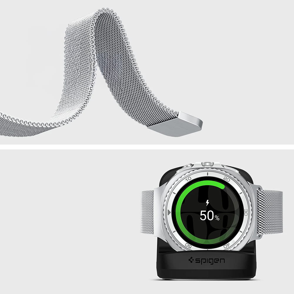 Spigen Metal Fit remen za Samsung Galaxy Watch9 / Watch8 / Watch8 Classic Series, Srebrna AMP10121