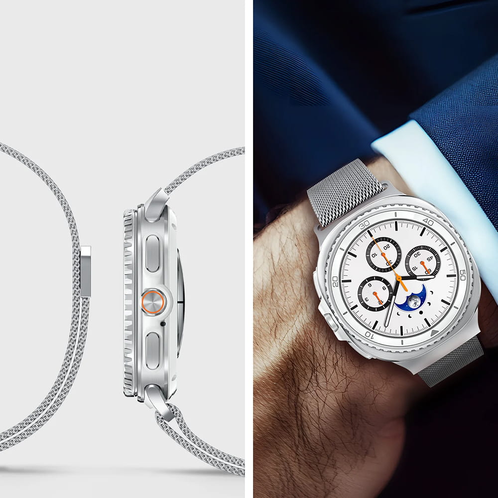 Spigen Metal Fit remen za Samsung Galaxy Watch9 / Watch8 / Watch8 Classic Series, Srebrna AMP10121