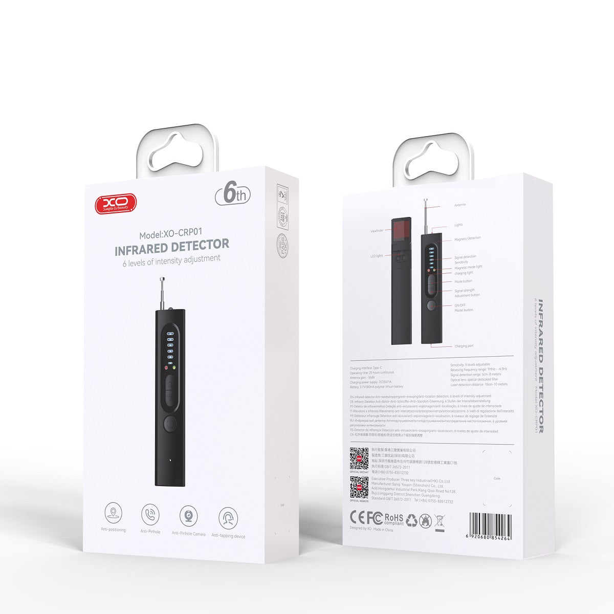 IR detektor GSM uređaja / skrivenih mikrofona / GPS lokatora XO Design CRP01, Crni