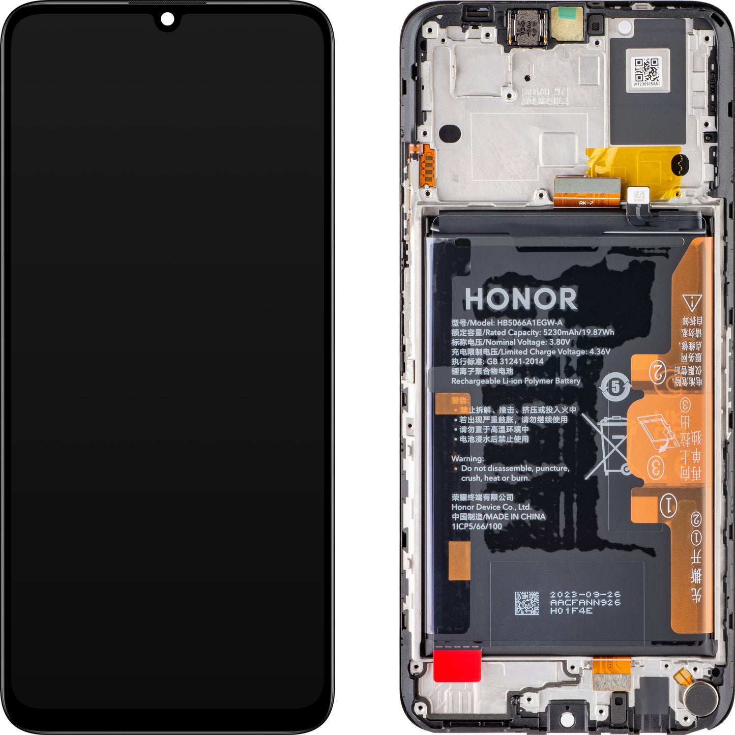 Zaslon s dodirnim ekranom Honor X7a, s okvirom i baterijom, crni (Midnight Black), servisni paket 0235AENA