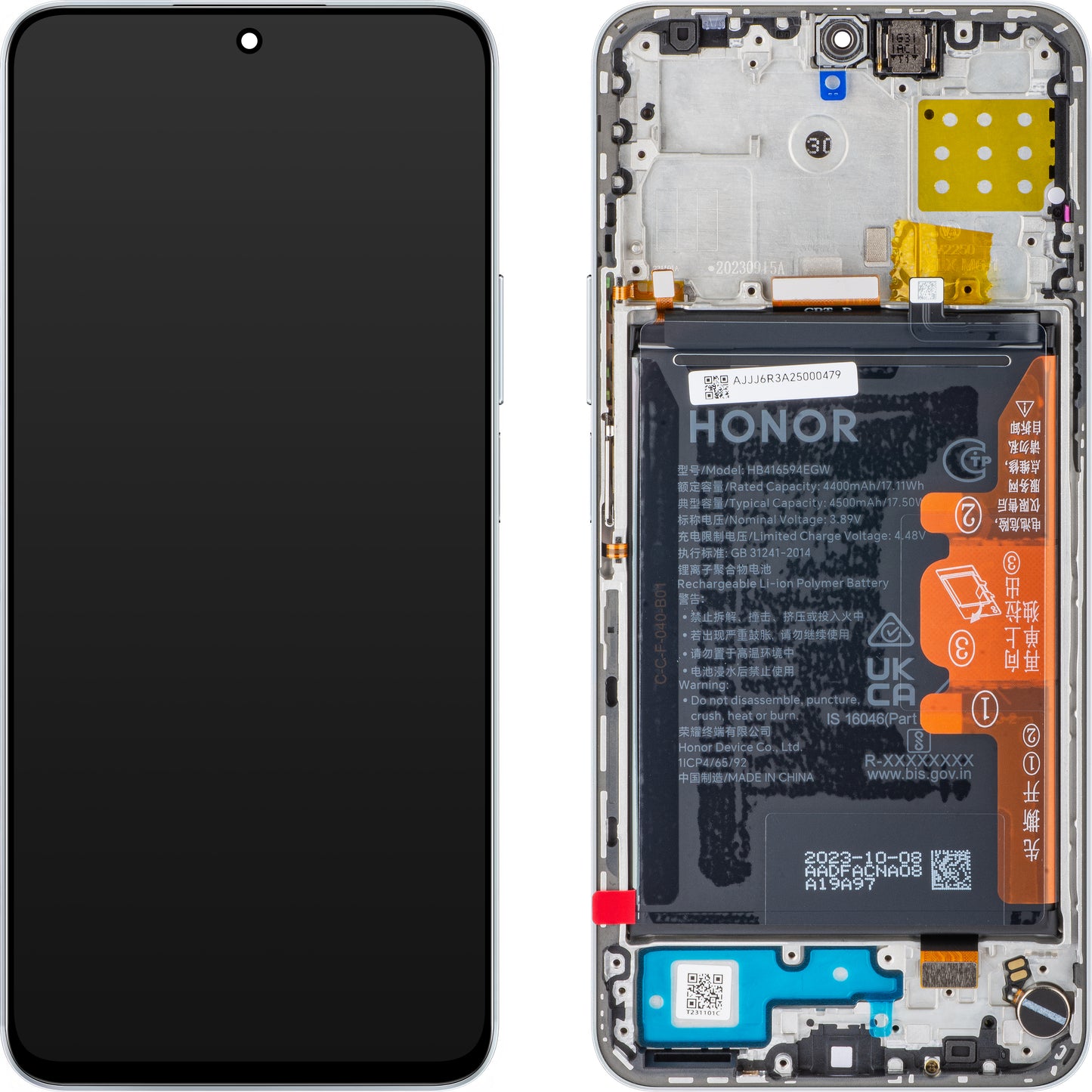 Zaslon s dodirnim ekranom Honor 90 Lite / X8a, s okvirom i baterijom, srebrni (Titanium Silver), servisni paket 0235AEUK