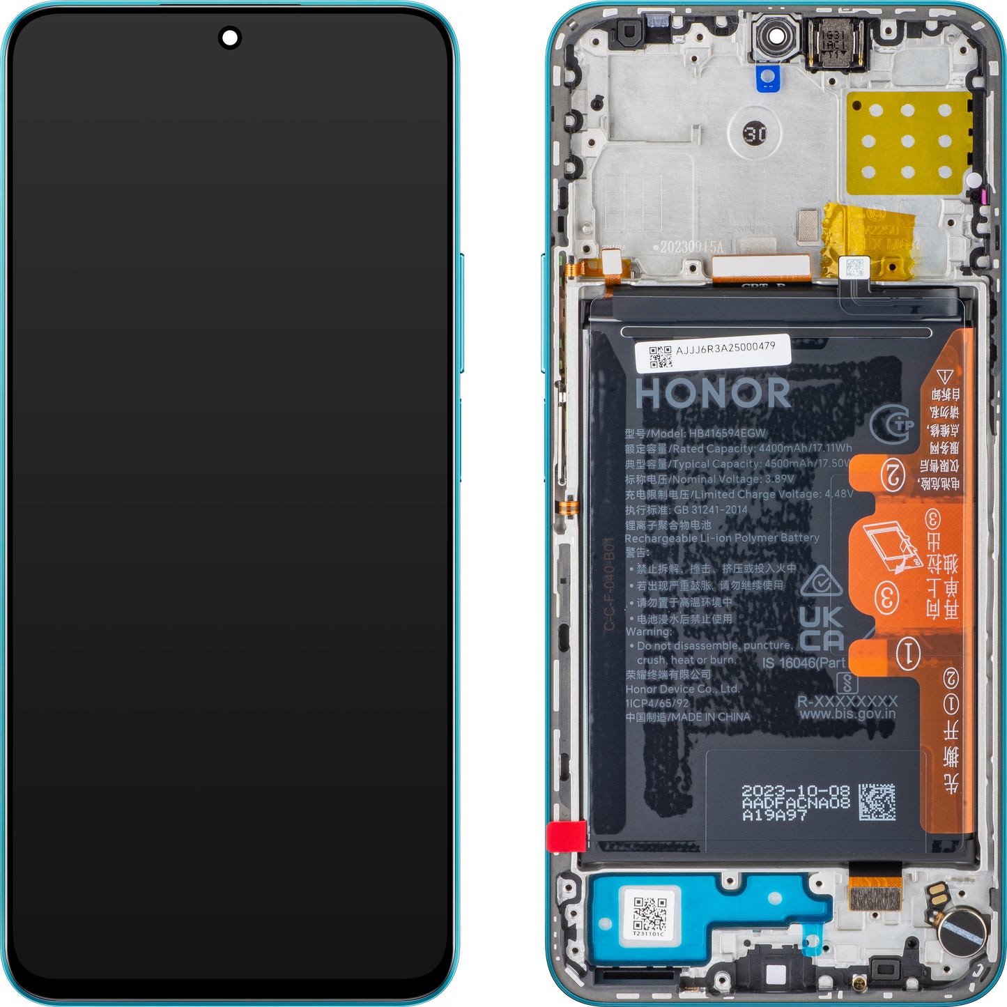 Zaslon s dodirnim ekranom Honor 90 Lite / X8a, s okvirom i baterijom, Plava (Cyan Lake), Servisni paket 0235AEUJ
