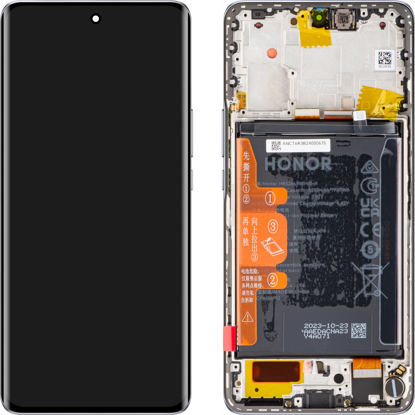 Zaslon s dodirnim ekranom Honor Magic6 Lite, s okvirom i baterijom, srebrni (Titanium Silver), servisni paket 0235AHHR