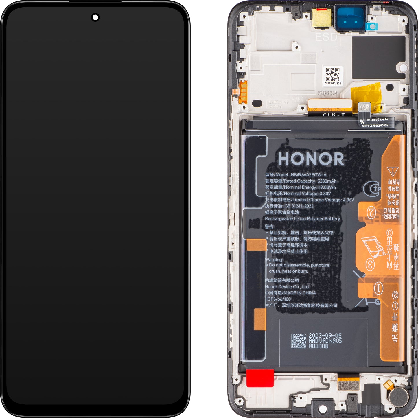 Zaslon s dodirnim ekranom Honor 90 Smart / X7b 4G, s okvirom i baterijom, crni (Midnight Black), servisni paket 0235AHDQ