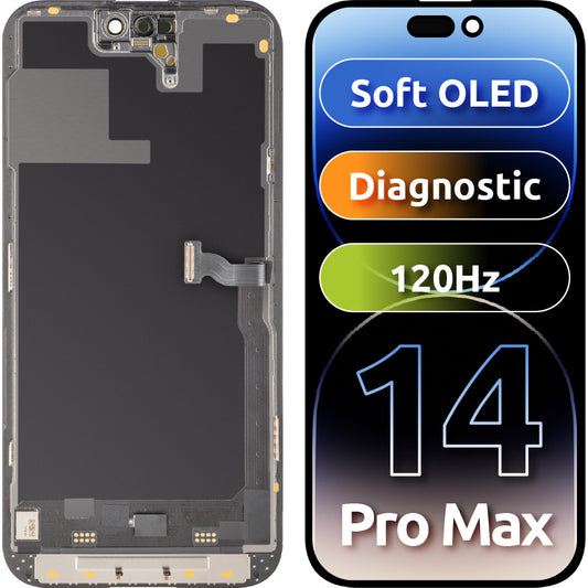 Zaslon s dodirnim zaslonom MP kompatibilan s Apple iPhone 14 Pro, s okvirom, Soft OLED verzija 120Hz FHD dijagnostika, crni, zamjena