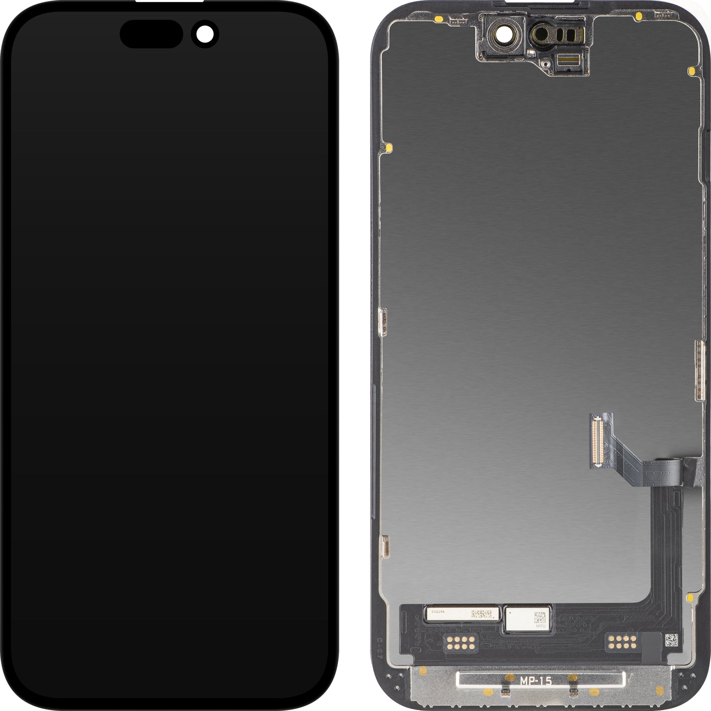 Zaslon s MP zaslonom osjetljivim na dodir kompatibilan s Apple iPhone 15, s okvirom, Premium Soft OLED FHD 120Hz Dijagnostička verzija, Crna
