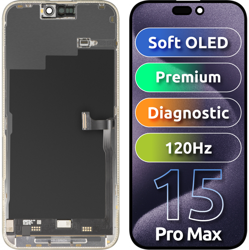 Zaslon s MP zaslonom osjetljivim na dodir kompatibilan s Apple iPhone 15 Pro Max, s okvirom, Premium Soft OLED FHD 120Hz dijagnostička verzija, crna, obnovljeno