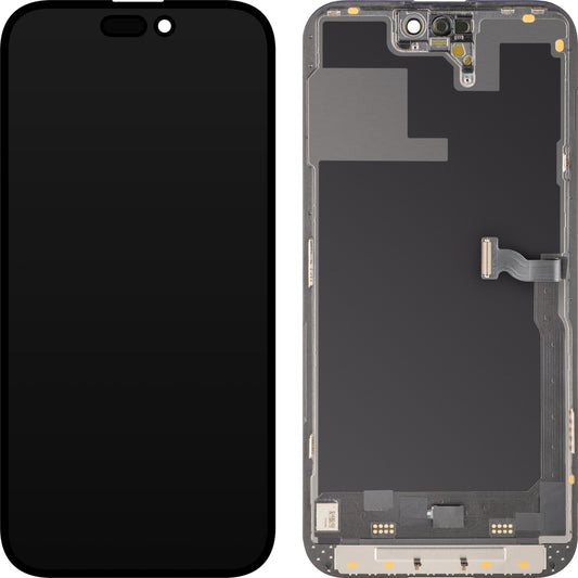 Zaslon s dodirnim zaslonom MP kompatibilan s Apple iPhone 14 Pro, s okvirom, Soft OLED verzija 120Hz FHD dijagnostika, crni, zamjena