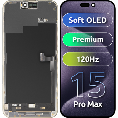 Zaslon s MP zaslonom osjetljivim na dodir kompatibilan s Apple iPhone 15 Pro Max, s okvirom, Premium Soft OLED FHD 120Hz verzija, Crna