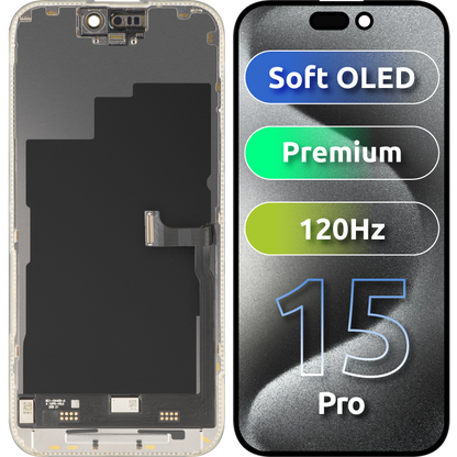 Zaslon s MP zaslonom osjetljivim na dodir kompatibilan s Apple iPhone 15 Pro, s okvirom, Premium Soft OLED FHD 120Hz verzija, Crna