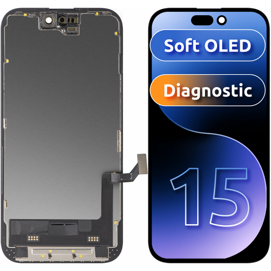Zaslon s dodirnim ekranom MP kompatibilan s Apple iPhone 15, s okvirom, Soft OLED FHD dijagnostička verzija, crni