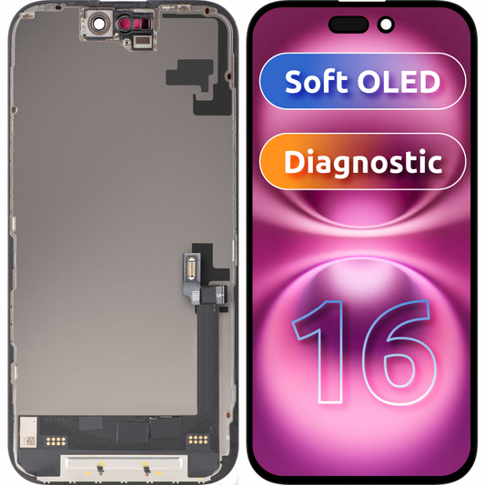 Zaslon s dodirnim zaslonom MP kompatibilan s Apple iPhone 16, s okvirom, Soft OLED FHD dijagnostička verzija, crni