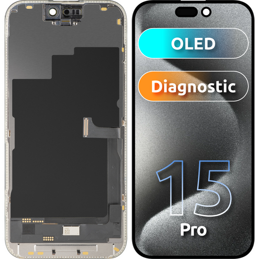 Zaslon s dodirnim zaslonom MP kompatibilan s Apple iPhone 15 Pro, s okvirom, OLED FHD dijagnostička verzija, crni