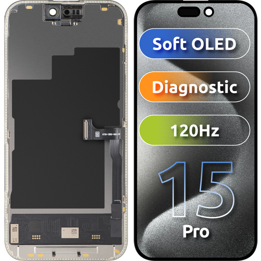 Zaslon s dodirnim zaslonom MP kompatibilan s Apple iPhone 15 Pro, s okvirom, Soft OLED FHD 120Hz dijagnostička verzija, crni