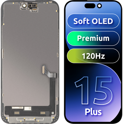 Zaslon s MP zaslonom osjetljivim na dodir kompatibilan s Apple iPhone 15 Plus, s okvirom, Premium Soft OLED FHD 120Hz verzija, Crna