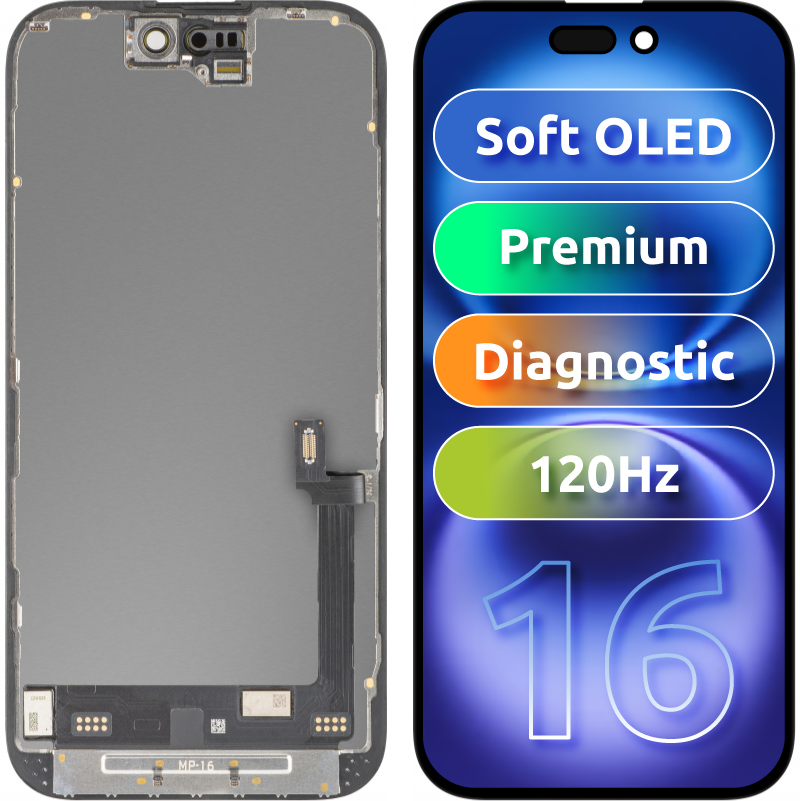 Zaslon s MP zaslonom osjetljivim na dodir kompatibilan s Apple iPhone 16, s okvirom, Premium Soft OLED FHD 120Hz Dijagnostika, Crna