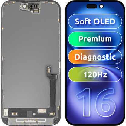 Zaslon s MP zaslonom osjetljivim na dodir kompatibilan s Apple iPhone 16, s okvirom, Premium Soft OLED FHD 120Hz Dijagnostika, Crna