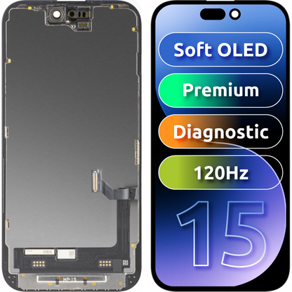 Zaslon s MP zaslonom osjetljivim na dodir kompatibilan s Apple iPhone 15, s okvirom, Premium Soft OLED FHD 120Hz Dijagnostička verzija, Crna